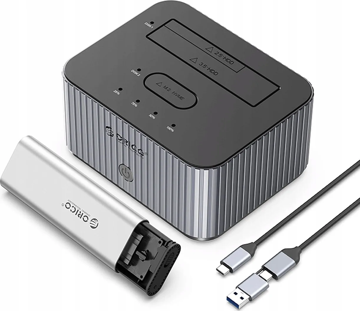Stacja dokująca do dysków z funkcją klonowania M.2 NVME + 2,5"/3,5 HDD / 2,5" SSD - szara