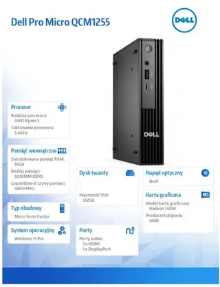 Komputer Dell Pro Micro QCM1255 W11Pro Ryzen 5 Pro 8500GE/16GB/512GB/Integrated/WLAN + BT/Kb/Mouse/3YPS