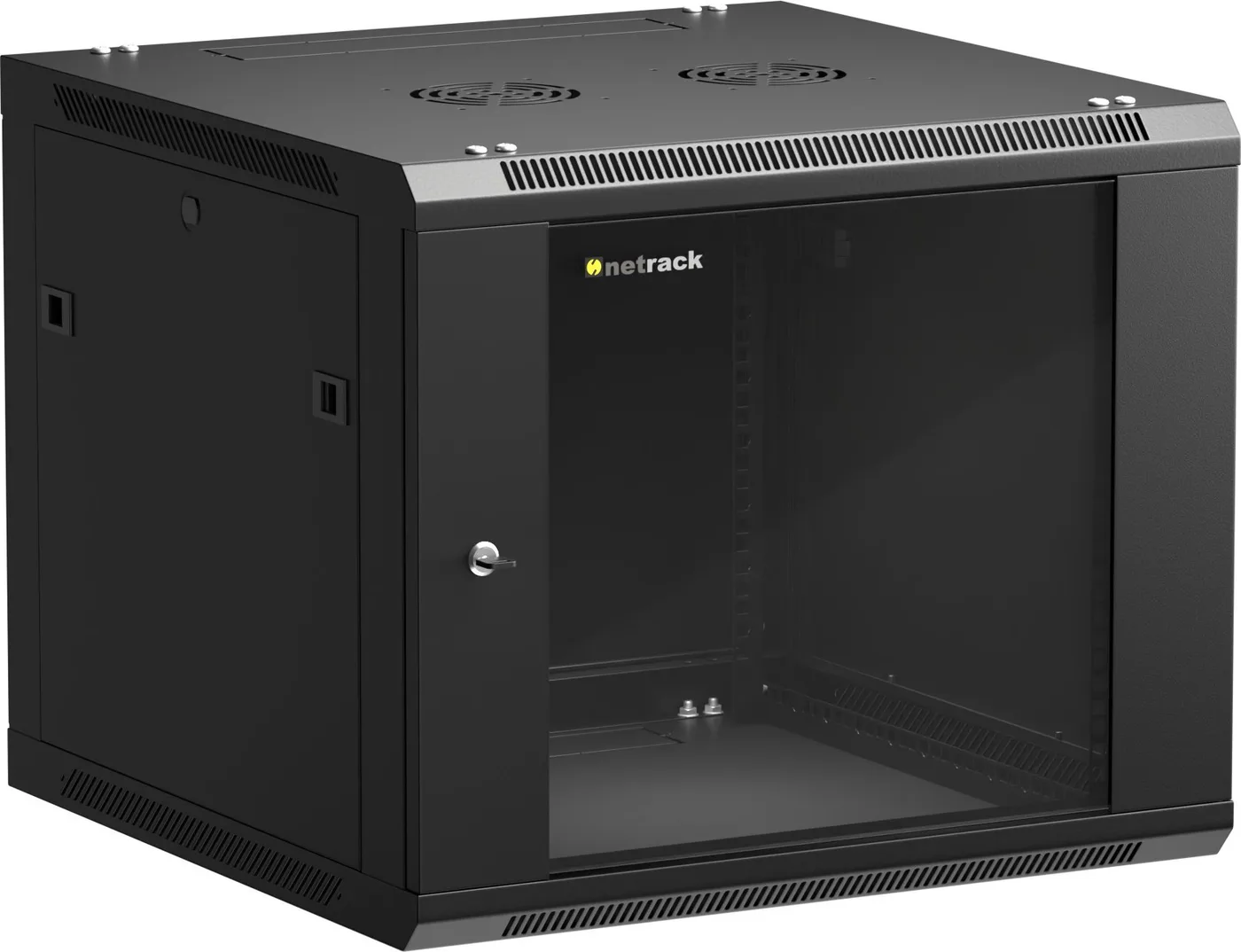 Szafa wisząca RACK 19" 9U, 600mm, Netrack F-Line, czarna, drzwi szklane, otwierane boki