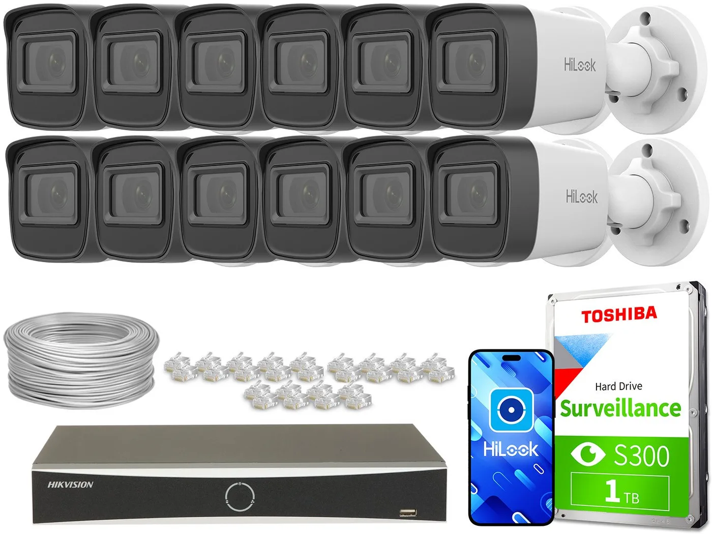 Zestaw do monitoringu 12x IPCAM-B2-P DS-7616NXI-K2/16P(D) Full HD, PoE, IR 20m, HiLook Hikvision