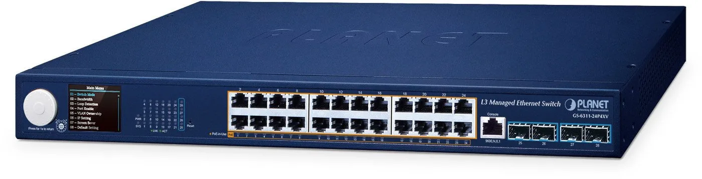 Planet 24-Port PoE+ Managed Switch w/ LCD Screen GS-6311-24P