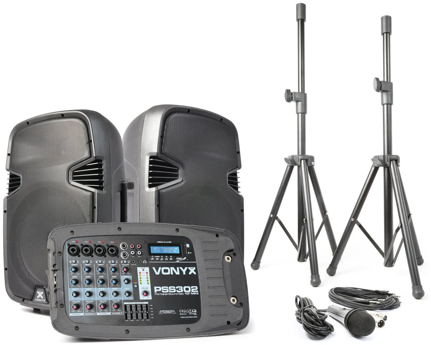 Zestaw nagłośnieniowy 300W 2x kolumna 10'' mikser mikrofon statywy Vonyx one size