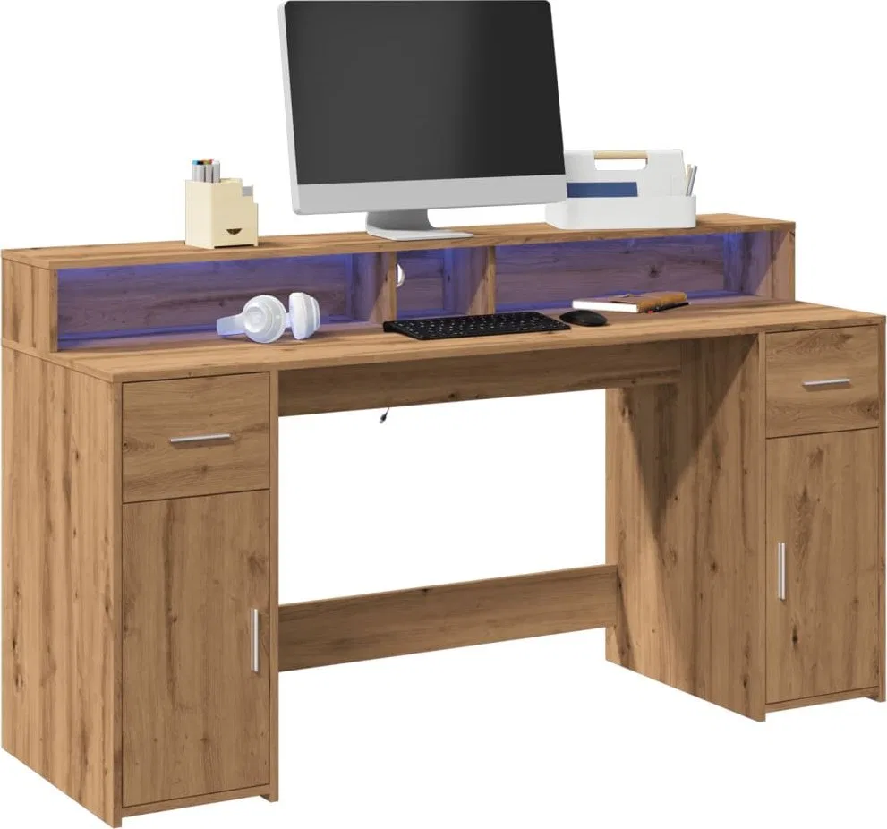 Biurko vidaXL Biurko z podświetleniem LED, dąb artisian, 160x55x91 cm