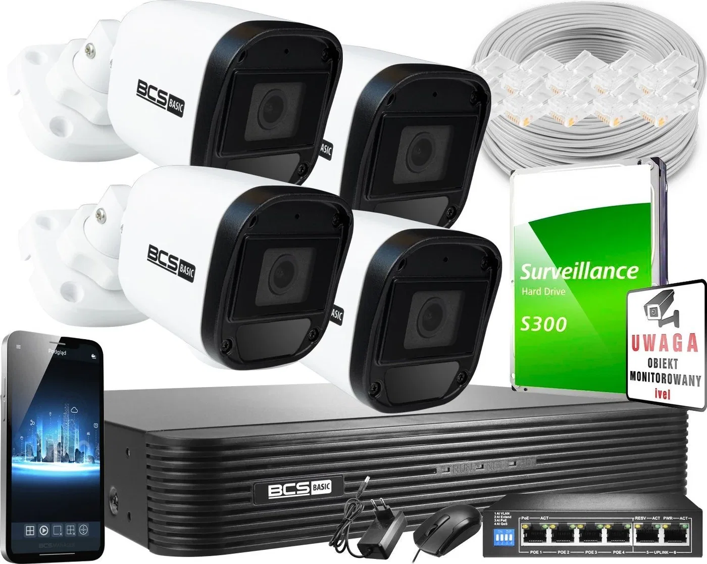 Kamera IP BCS Monitoring IP Full HD BCS Basic Full HD 2MPx 1TB H265  4x BCS-B-TIP12FR3(2.0) 2.8mm IR 30m