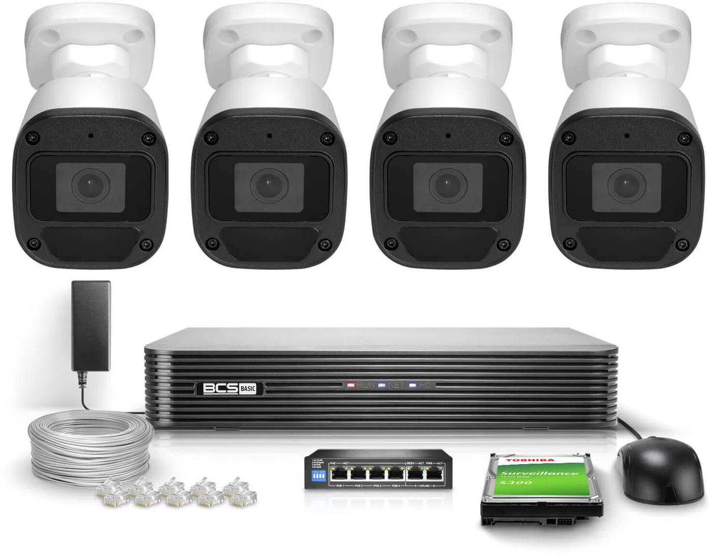 Zestaw monitoringu 4x BCS-B-TIP15FR3(2.0), BCS-B-NVR1001(2.0) 5Mpx IR 30m PoE 1TB Audio