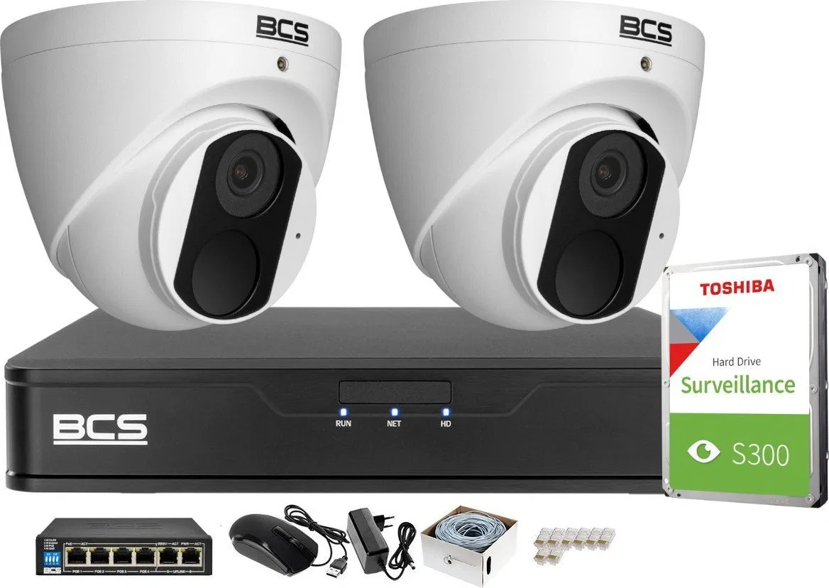 BCS Zestaw do monitoringu Rejestrator BCS-P-NVR0401-4K-E-II Kamery 2x BCS-P-EIP14FSR3 4Mpx