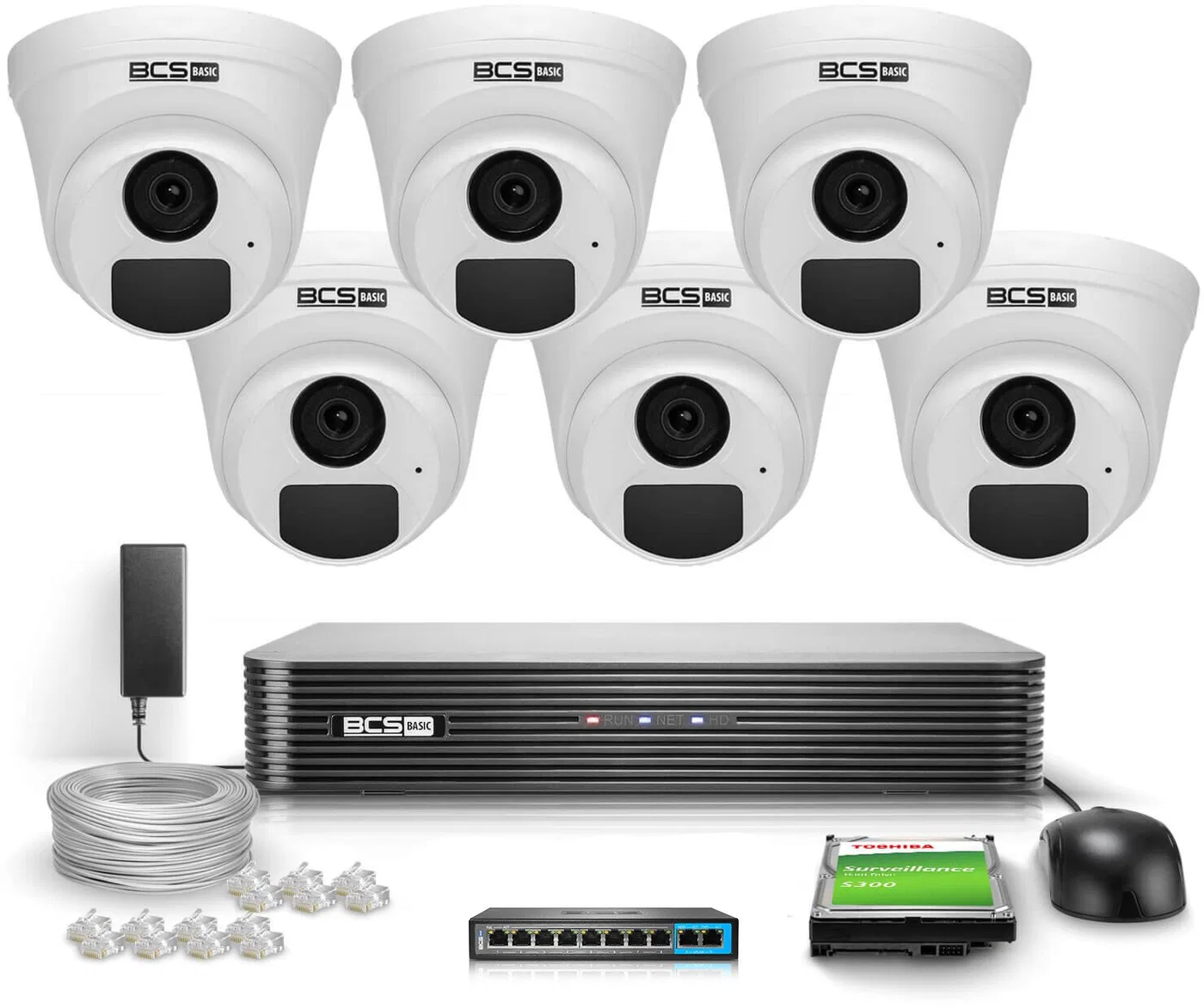 Zestaw monitoringu 6x BCS-B-EIP15FR3(2.0), BCS-B-NVR1001(2.0) 5Mpx IR 30m PoE 1TB Audio