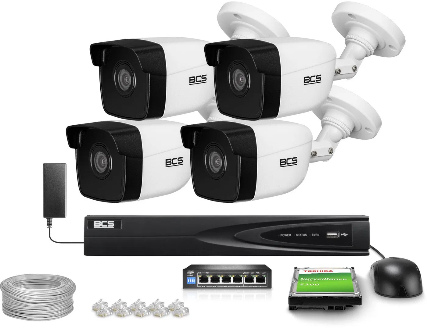 BCS View Zestaw monitoringu 4x kamera BCS-V-TIP14FWR3 4Mpx IR 30m