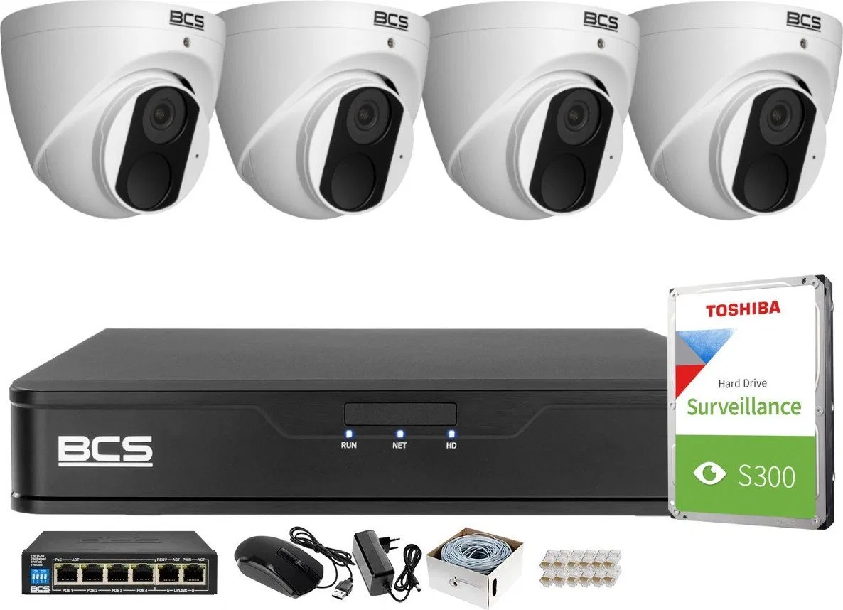 BCS Zestaw do monitoringu Rejestrator BCS-P-NVR0401-4K-E-II Kamery 4x BCS-P-EIP14FSR3 4Mpx