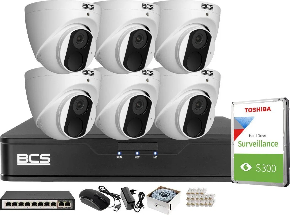 BCS Zestaw do monitoringu Rejestrator BCS-P-NVR0801-4K-E-II Kamery 6x BCS-P-EIP15FSR3 5Mpx