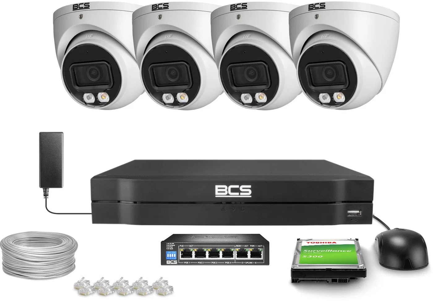 Zestaw do monitoringu 4x BCS-L-EIP15FCR3L3-AI1 5Mpx IR  30m + White Light WDR Funkcje inteligentne