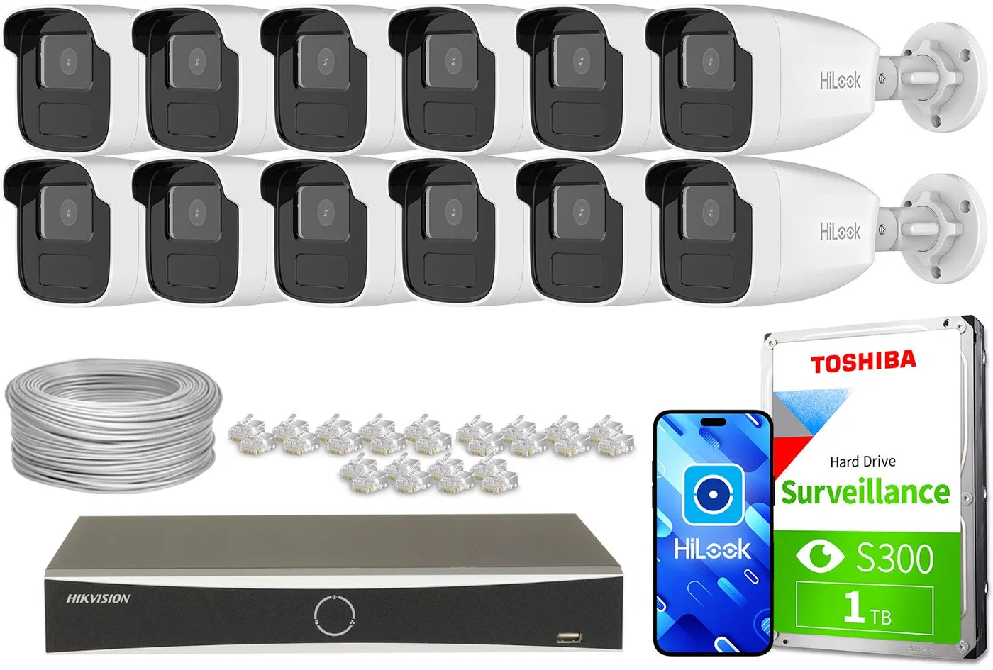 Zestaw do monitoringu 12x IPCAM-B4-50IR 1x DS-7616NXI-K2/16P(D) IR 50m 4Mpx HiLook by Hikvision