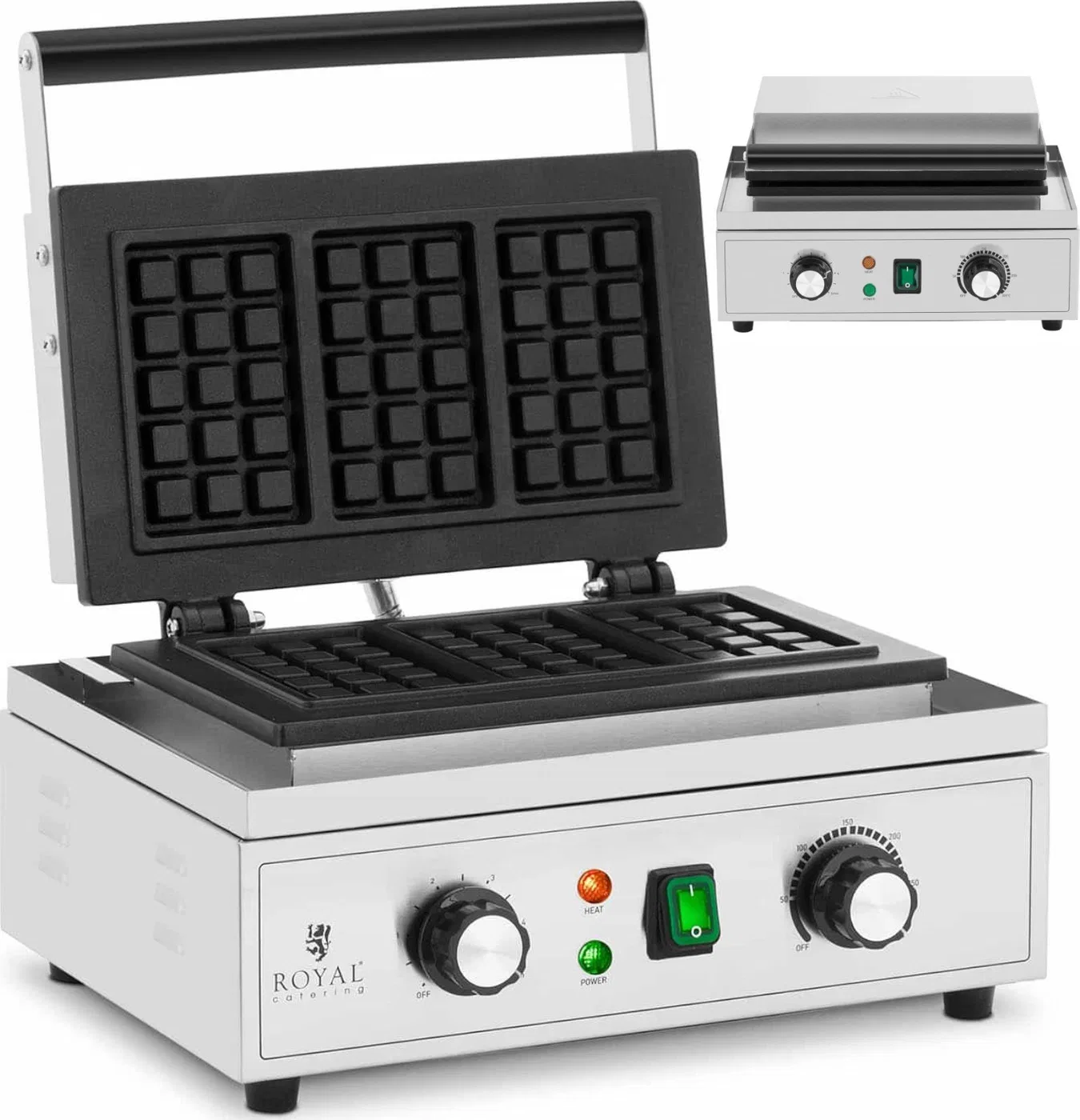 Gofrownica Royal Catering Gofrownica prostokątna na 3 gofry belgijskie TEFLON 1500 W Gofrownica prostokątna na 3 gofry belgijski