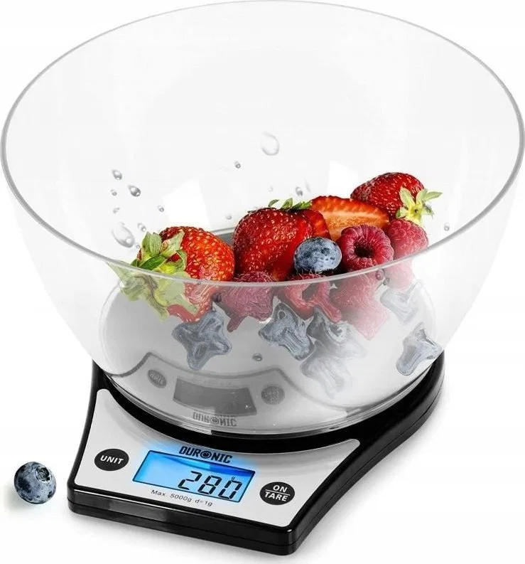 Waga kuchenna Duronic Duronic KS6000 BKCR Elektroniczna waga kuchenna z misą | 5 kg | czarna waga | cyfrowy niebieski wyświetlac