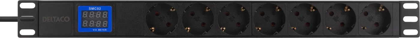 Deltaco 7-vietų 19" galios paskirstymo įtaisas, 2500W, CEE 7/3, skaitmeninis voltų / amperų skaitiklis DELTACO juoda / GT-8638