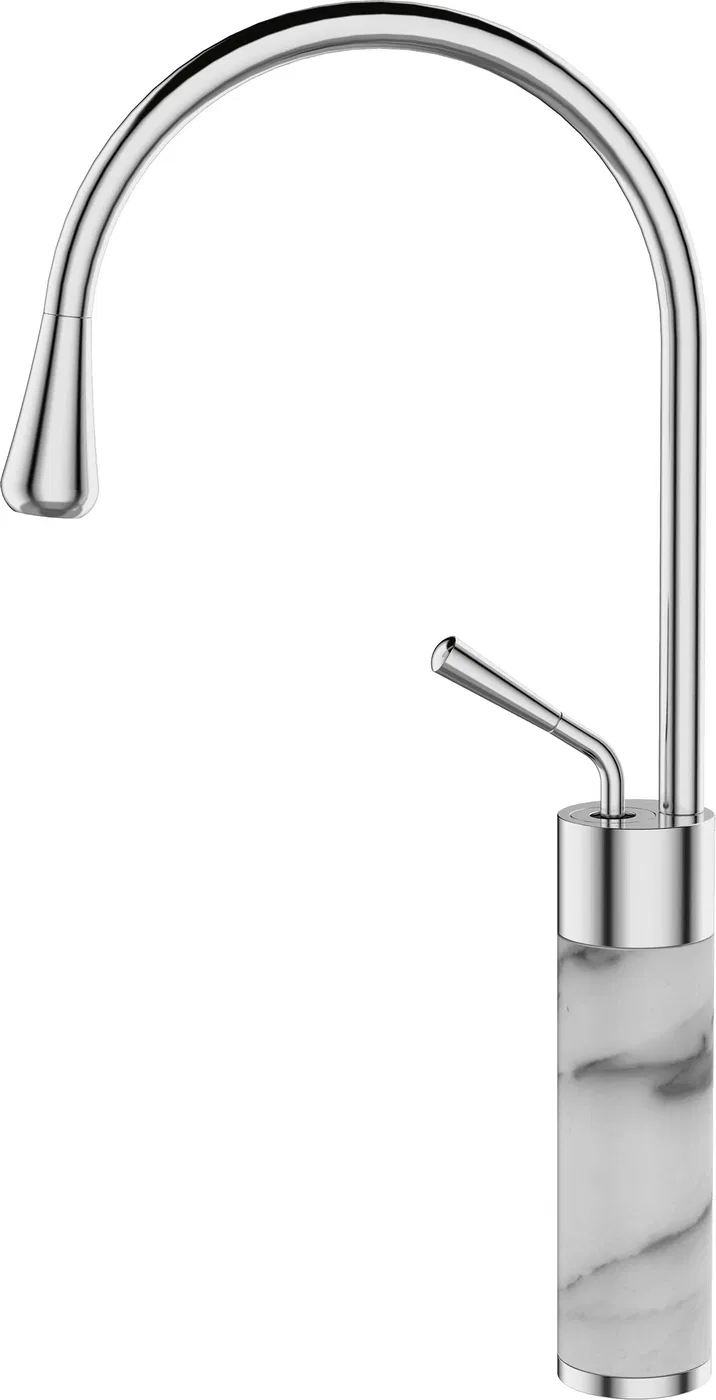 Washbasin faucet INVENA STONE, high, curved spout, white stone, chrome spout