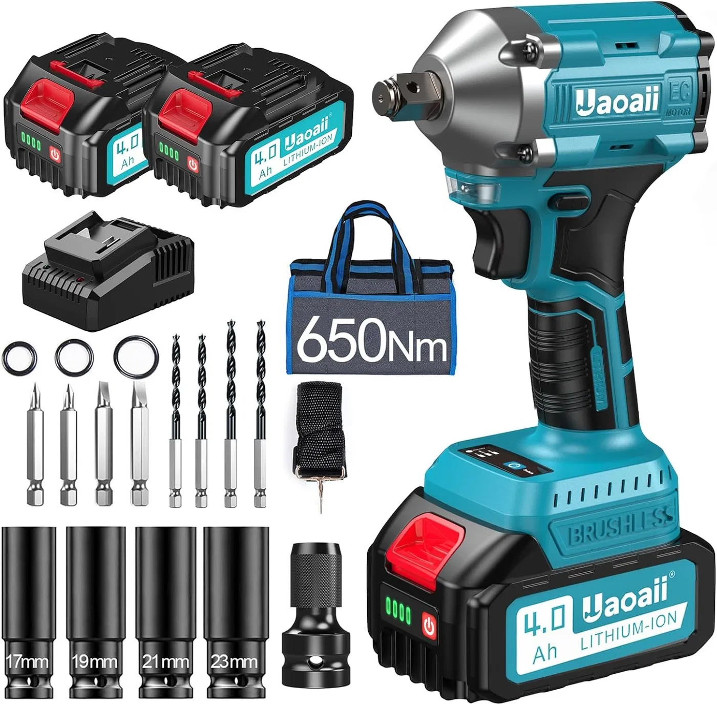 Uaoaii Akumulatorowa wkrętarka udarowa 650 N.m 2 sztuki 4000mAh +ładowarka