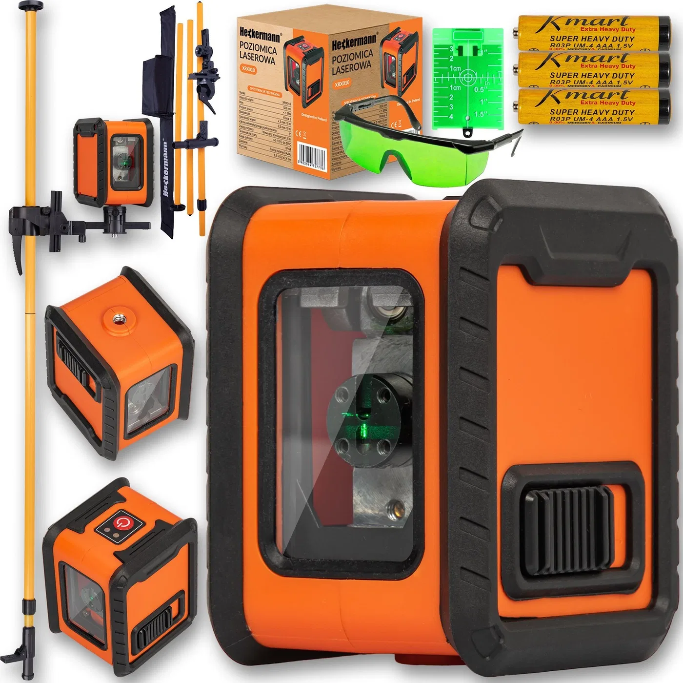 Heckermann Zestaw Poziomica laserowa Heckermann XRX010 v.2 + tyczka pomarańczowa 3,4m + okulary + tarcza