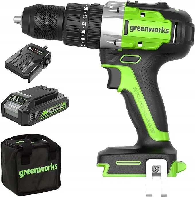 24V wiertarko-wkrętarka GD24DD60K2 Greenworks zestaw ładowarka + aku 2Ah + futerał miękki