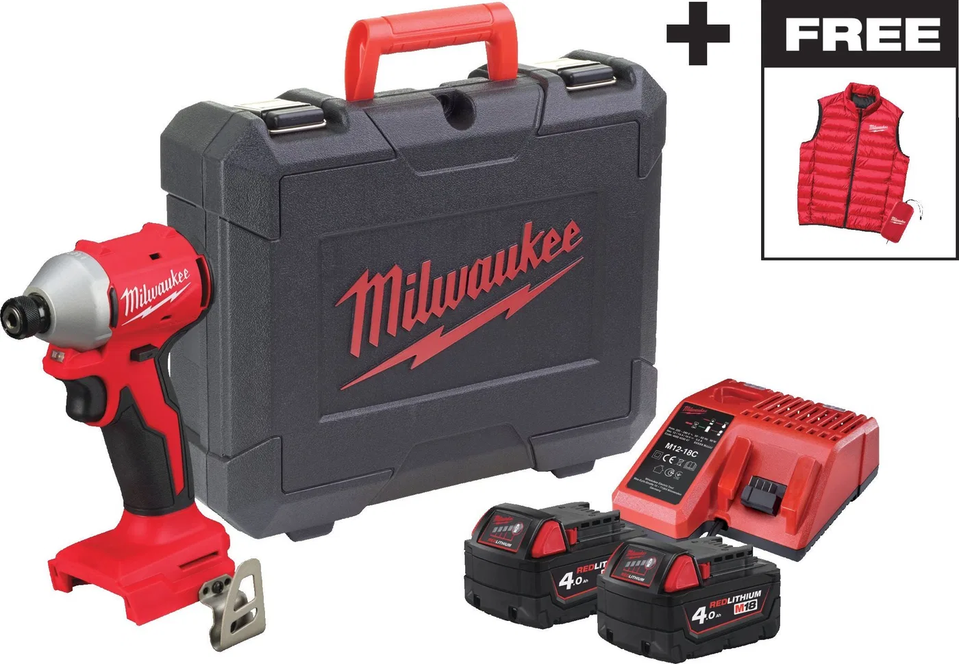 MILWAUKEE. IMPACT DRIVER M18BLIDRCMC-402C + LAMP M18ALIS-0 AND SLEEVELESS