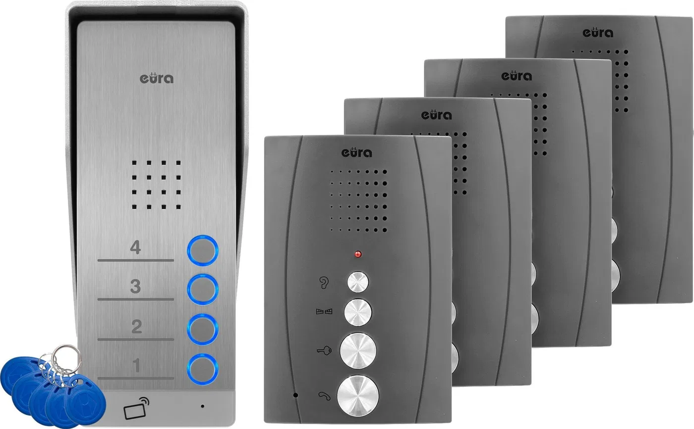 Eura Domofon EURA ADP-64A3 - grafitowy, czterorodzinny, głośnomówiący, obsługa 2 wejść, czytnik RFID