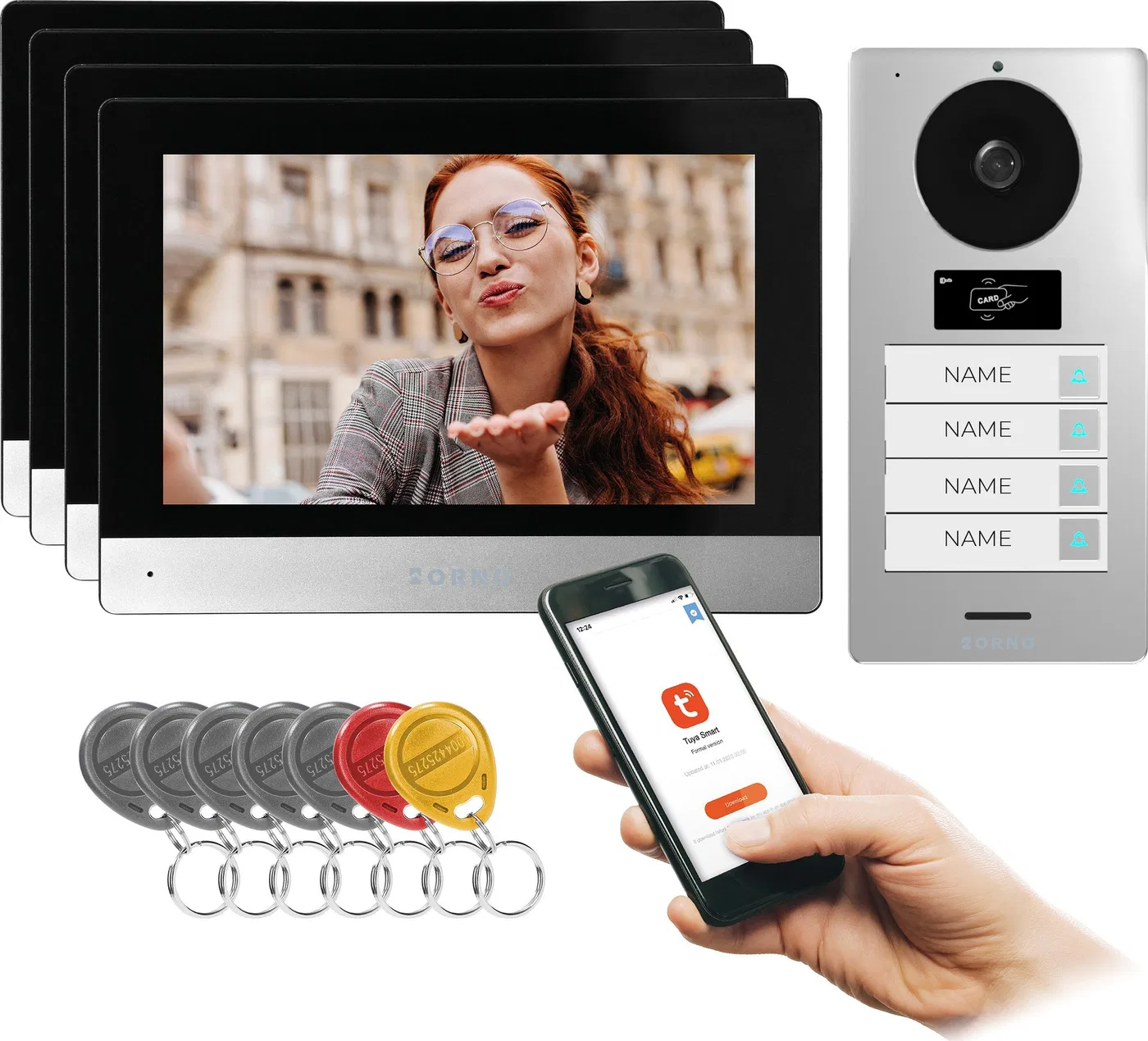 Orno GAYD MULTI4, zestaw wideodomofonowy czterorodzinny, 2-żyłowy, 8", Wi-Fi, ekran dotykowy, 2MP Full HD, RFID
