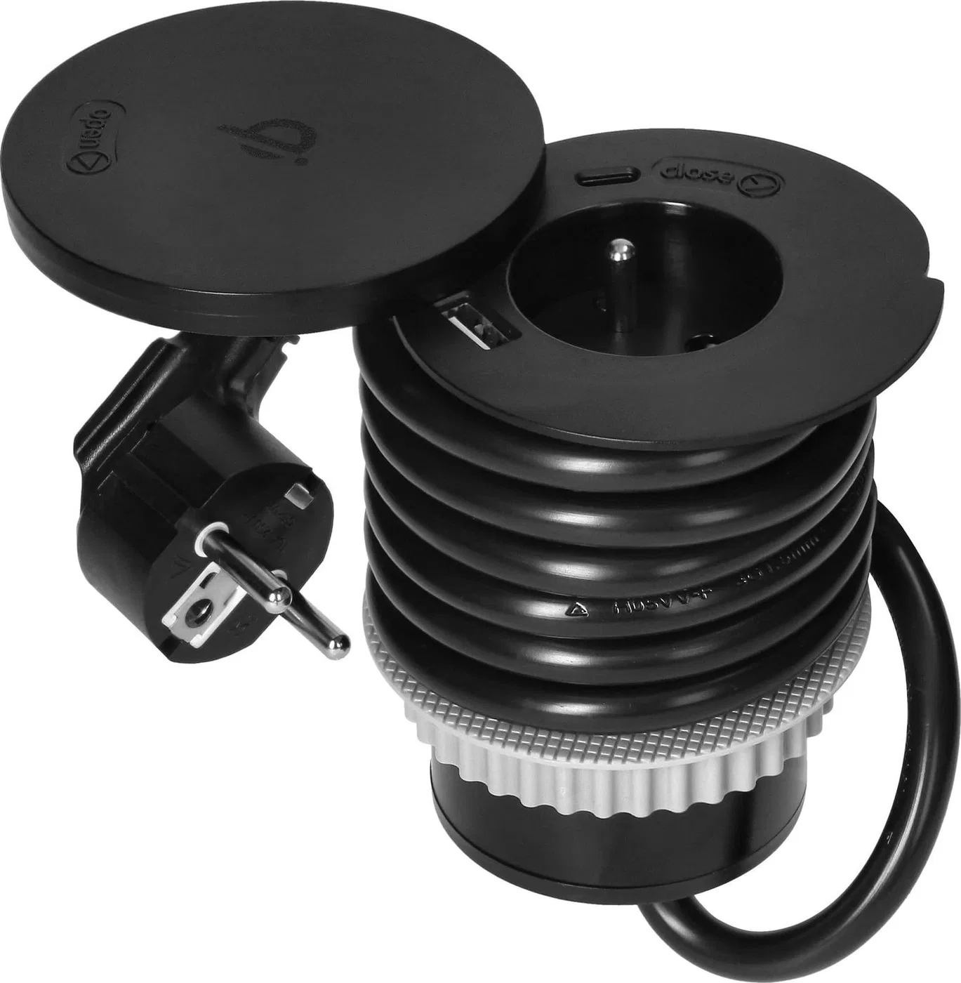 Orno Gniazdo meblowe Orno OR-GM-9028 O6cm z rotacyjną pokrywą ładowarką indukcyjną ładowarką USB i przewodem 1,5m 1x2P+Z, Qi 1.2