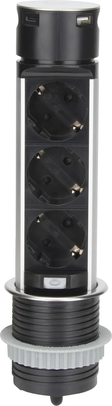 Orno Wpuszczane gniazdo meblowe ?6cm z ładowarką USB i przewodem 1,5m, 3x2P+Z (Schuko), 2xUSB (typ A i typ C), INOX