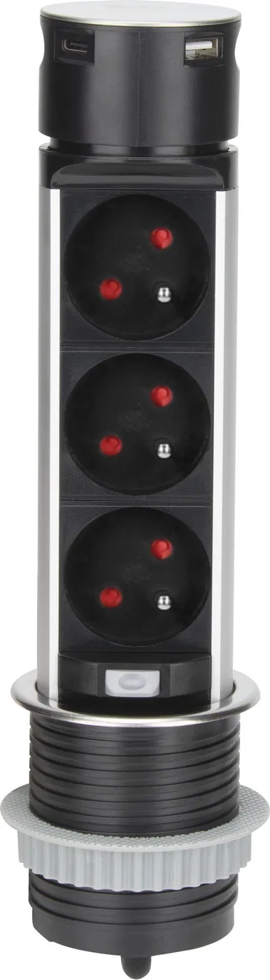 Orno Wpuszczane gniazdo meblowe ?6cm z ładowarką USB i przewodem 1,5m, 3x2P+Z, 2xUSB (typ A i typ C), INOX
