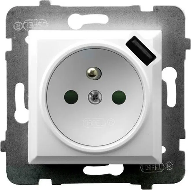 Ospel Gniazdo pojedyncze Ospel Aria GP-1UZPUSB/m/00 z uziemieniem z przesłonami z ładowarką USB 2,1A białe