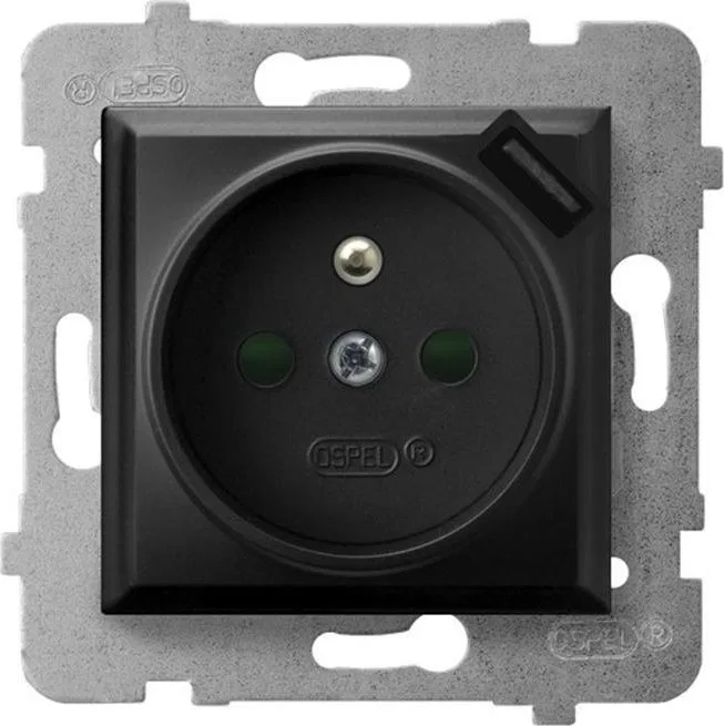 Ospel Gniazdo pojedyncze Ospel Aria GP-1UZPUSB/m/33 z uziemieniem z przesłonami z ładowarką USB 2,1A czarny metalik