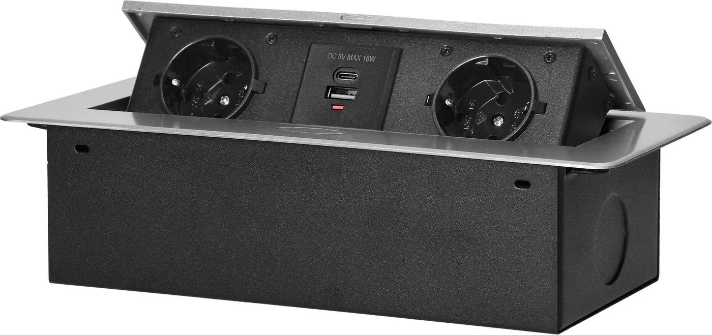 Orno Gniazdo meblowe wpuszczane w blat z płaskim frezowanym rantem i ładowarką USB, 2x2P+Z (Schuko),2x USB (typ A+C 3,6A), srebr