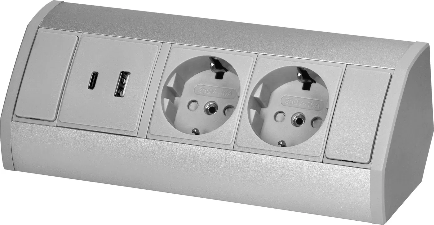 Orno Gniazdo meblowe 2x2P+Z (Schuko), 2xUSB (typ A+C 2,4A), szaro-srebrne