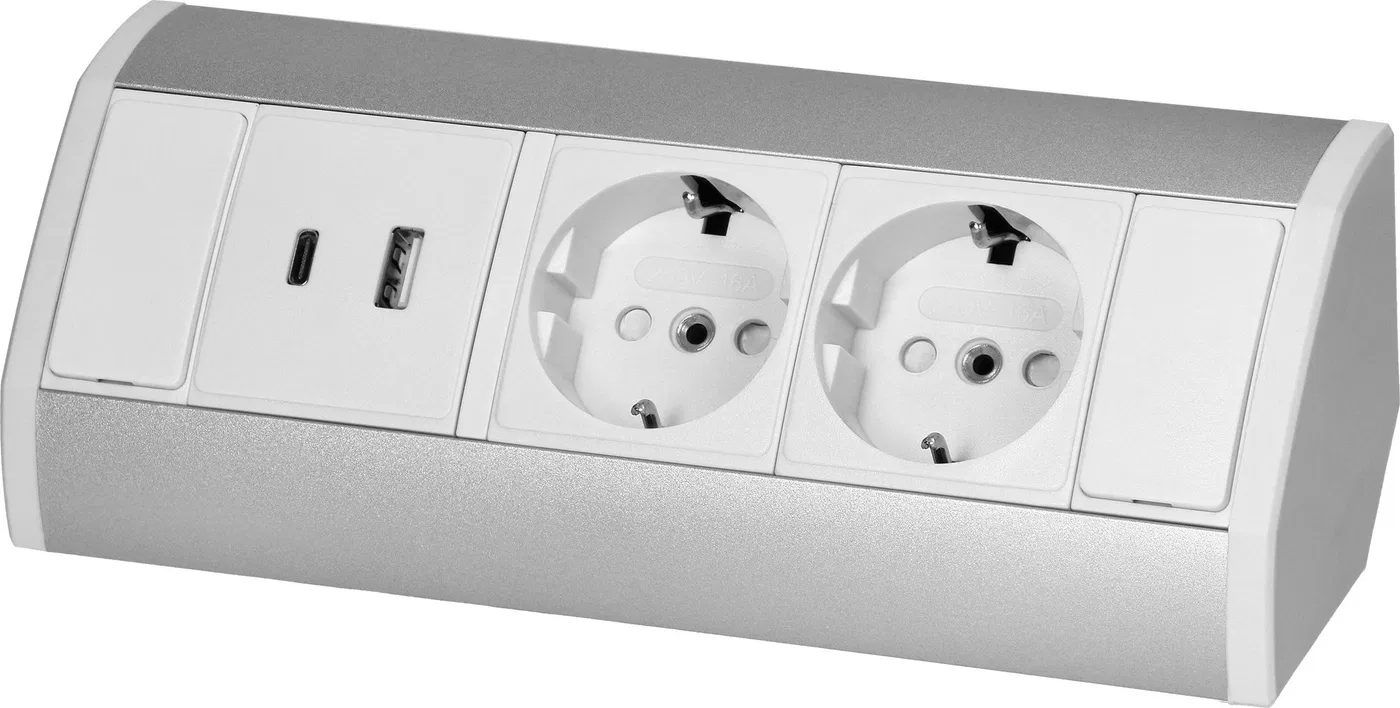 Orno Gniazdo meblowe 2x2P+Z (Schuko), 2xUSB (typ A+C 2,4A), biało-srebrne