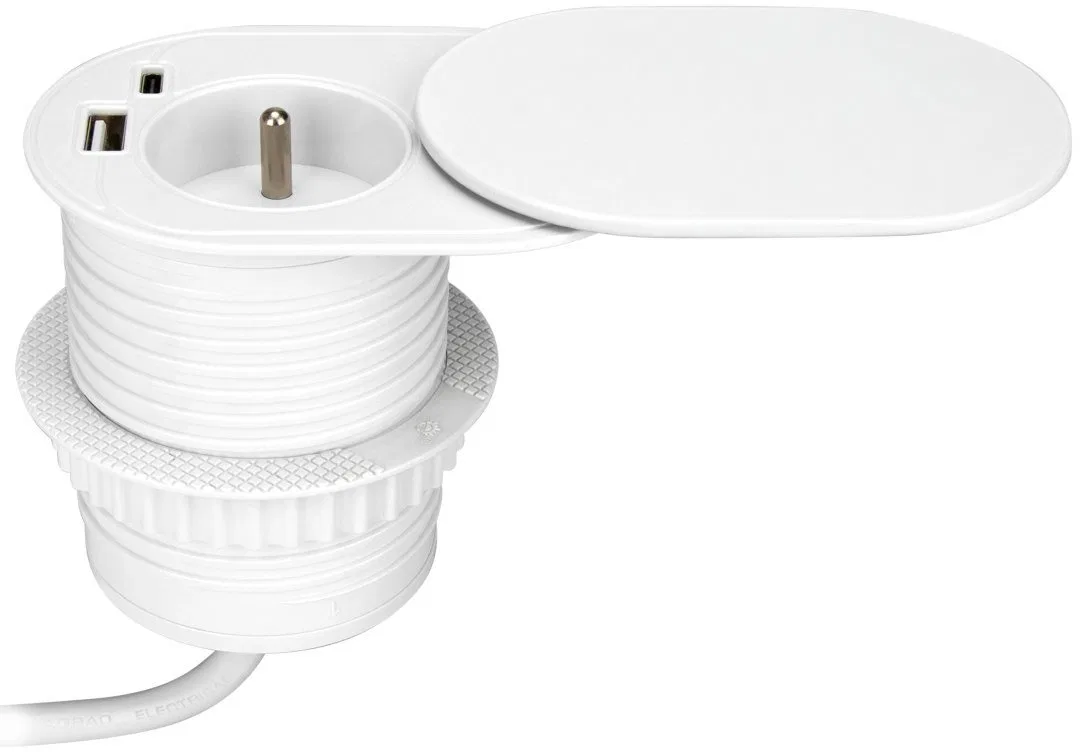 Gniazdo meblowe ?6cm, wpuszczane w blat z przesuwną pokrywką, ładowarką USB i przewodem 1,9m, 1x2P+Z (French), 2xUSB (typ A+C P