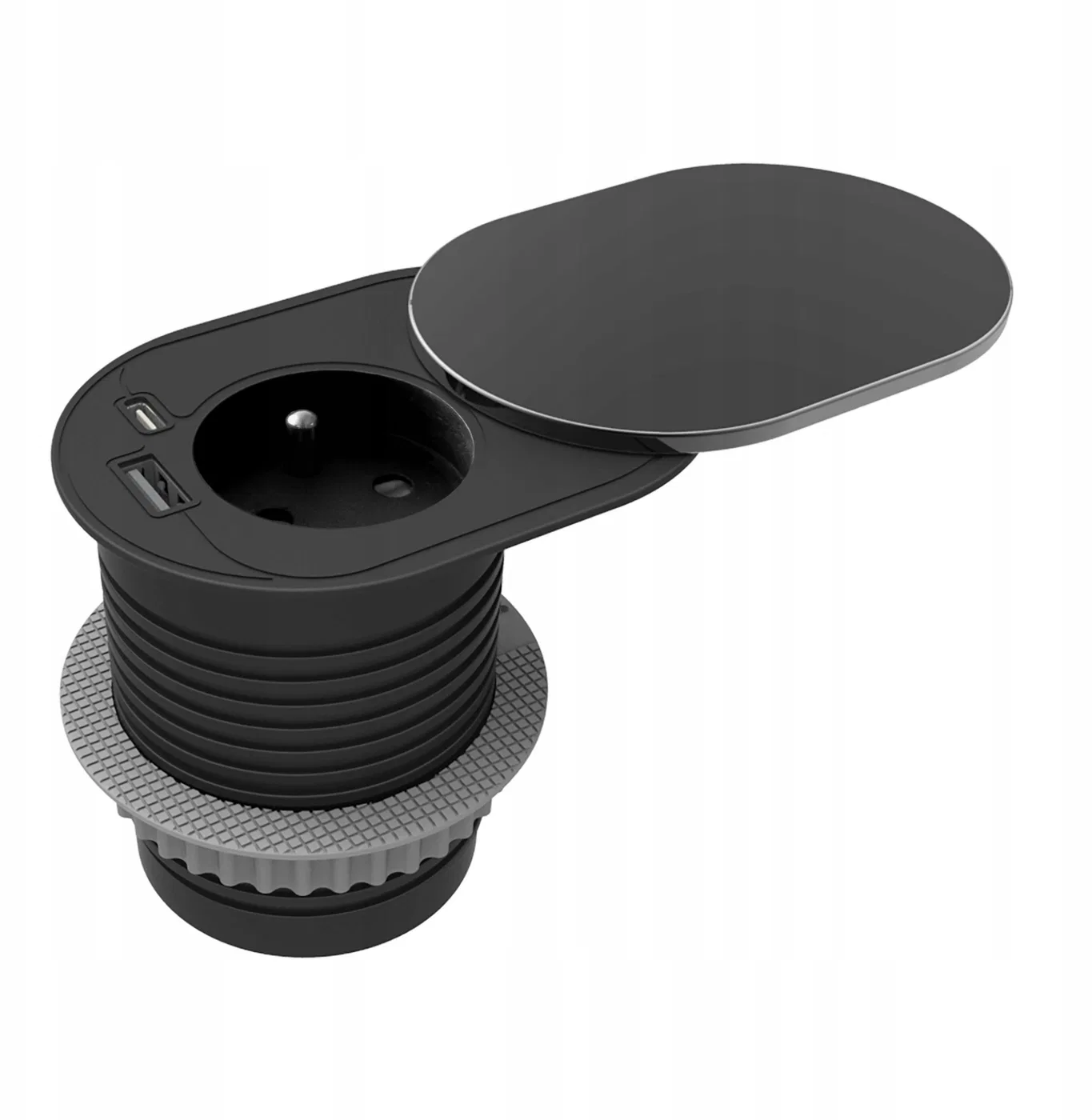 Gniazdo meblowe?6cm, wpuszczane w blat z przesuwną pokrywką, ładowarką USB i przewodem 1,9m, 1x2P+Z (French), 1xUSB (typ A+C PD