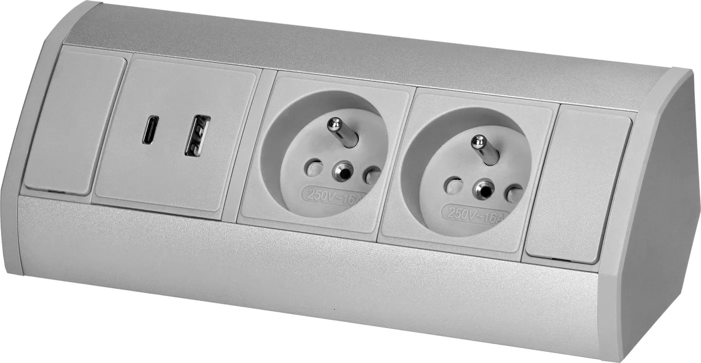 Orno Gniazdo meblowe 2x2P+Z, 2xUSB (typ A+C 2,4A), szaro-srebrne