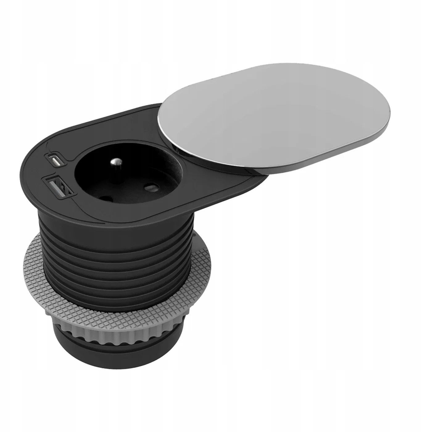 Gniazdo meblowe?6cm, wpuszczane w blat z przesuwną pokrywką, ładowarką USB i przewodem 1,9m, 1x2P+Z (French), 1xUSB (typ A+C PD