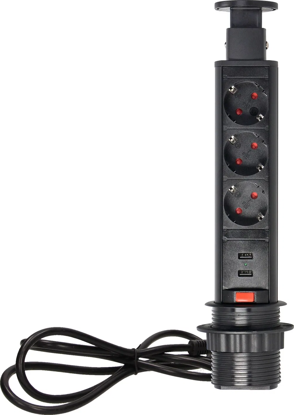 Orno Gniazdo meblowe ?6cm wysuwane z blatu z ładowarką USB, blokadą i przewodem 1,8m, 3x2P+Z (Schuko), czarne