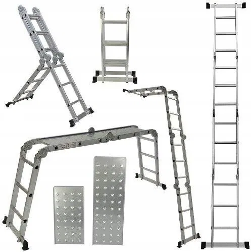 WIELOFUNKCYJNA DRABINA ALUMINIOWA PRZEGUBOWA 4x3 + PODEST DUŻE ZAWIASY