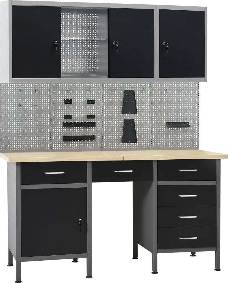 vidaXL Stół roboczy z 4 panelami ściennymi i 2 szafkami