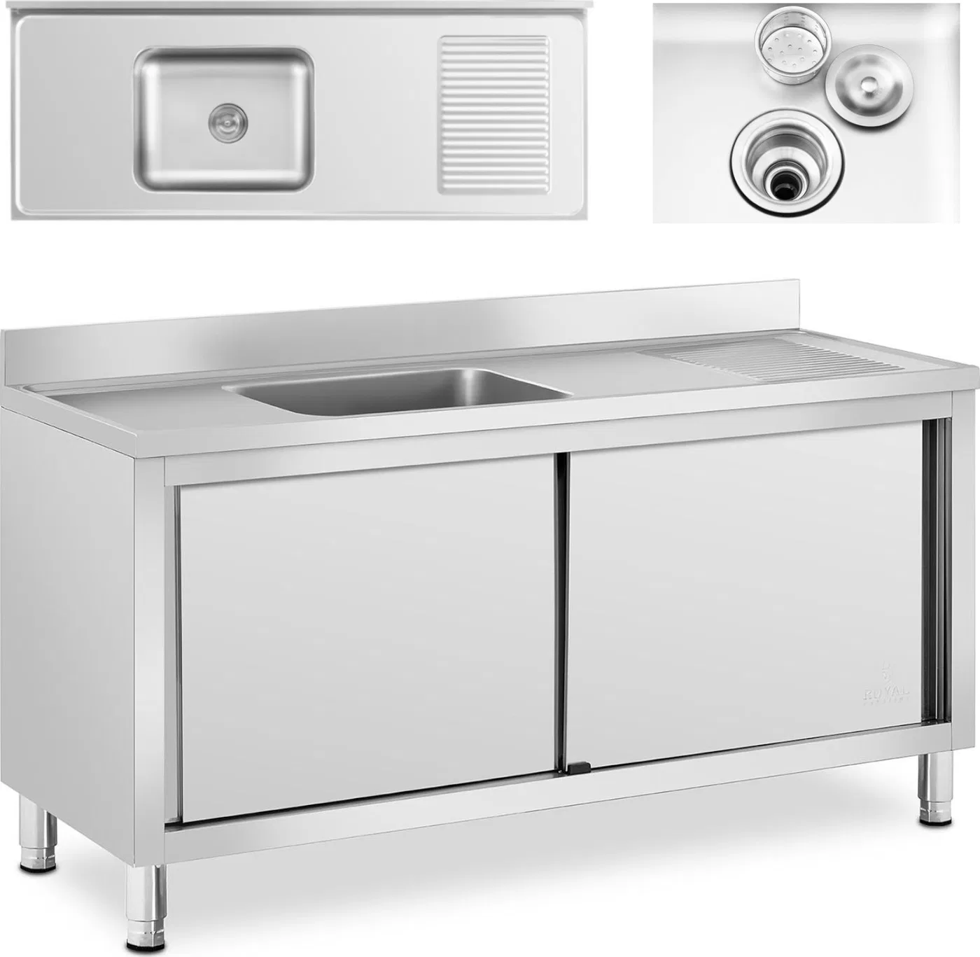 Royal Catering Zlew basen gastronomiczny jednokomorowy z szafką z drzwiami przesuwnymi 160 x 60 x 94.5 cm Zlew basen gastronomic