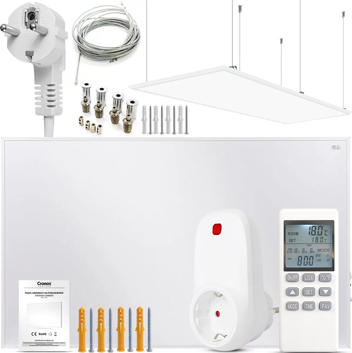 Grzejnik Cronos Zestaw Panel grzewczy IR CRONOS Carbon P800 White + Termostat z pilotem + Zestaw sufitowy