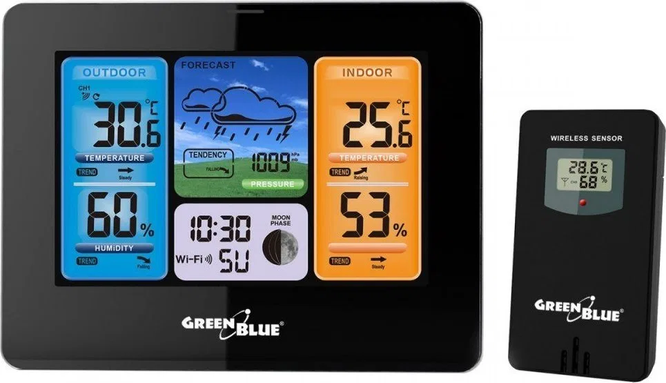 Stacja pogodowa GreenBlue Stacja pogodowa WiFi GreenBlue, zgodna z TUYA, czujnik zewnętrzny, kalendarz, prognoza pogody, baromet