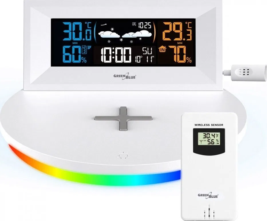Stacja pogodowa GreenBlue Stacja pogody GreenBlue GB213 bezprzewodowa z ładowarką bezprzewodową/indukcyjna zegar, alarm, kalenda