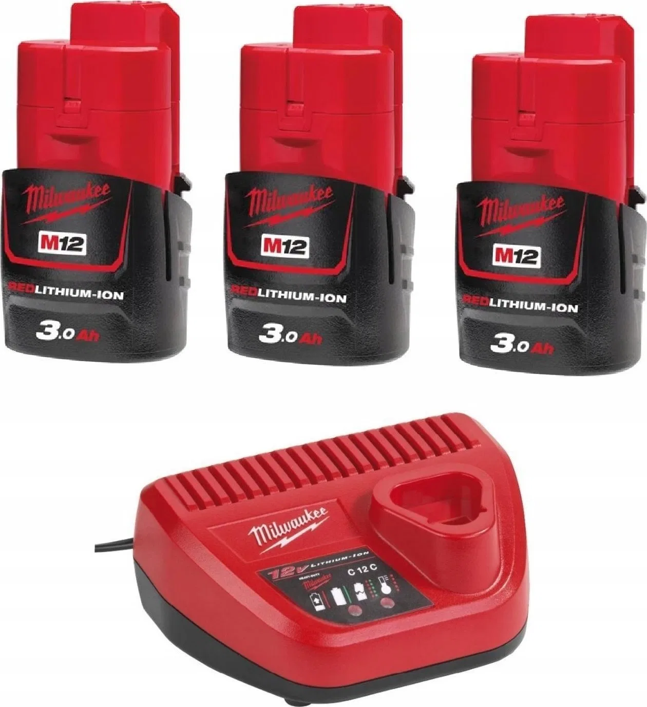 Milwaukee Zestaw 3 akumulatorów M12™, Li-ion 12 V, 3.0 Ah + ładowarka (4933459207)